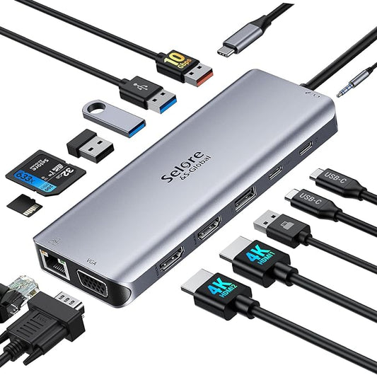 USB C Docking Station Dual Monitor,USB C Dual Monitor 2 HDMI Adapter,Triple Display 4K HDMI&VGA,10Gbps Data Transfer,14 in 1-3USB3.0&2USB2.0,Gigabit Ethernet,100W PD,SD/TF Card Reader,3.5mm Audio