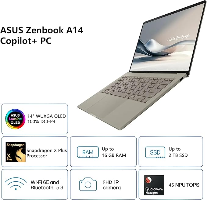 ASUS Zenbook A14 Copilot+ AI PC Laptop | 14" WUXGA OLED (100% DCI-P3) | Qualcomm Snapdragon X Plus (Up to 45 Tops) | 16GB RAM 2TB SSD | for Creator Business Professional Win11 w/DLCA Accessory