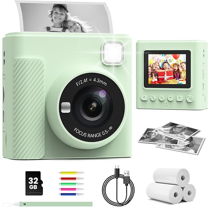 Kids Instant Print Camera, Christmas Birthday Gifts for Girls and Boys, 1080P HD Video Digital Kids Camera with Print Paper & 32G Card, Toddler Toy for 3-14 Years Old (Green)