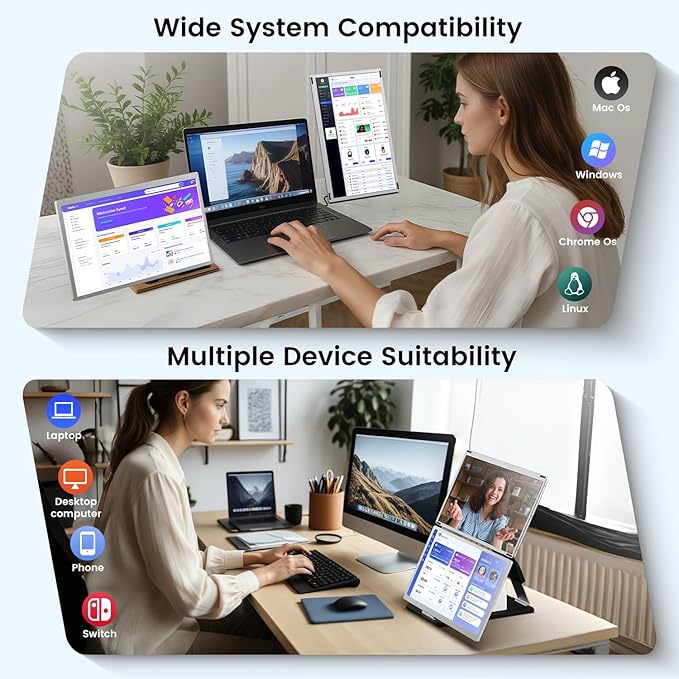 15.6" Laptop Screen Extender, 1080P FHD Laptop Monitor Extender with 120% sRGB, 235°Rotation Detachable Dual Monitor, Plug & Play, Triple Screen Compatible with Windows, Mac, Chrome