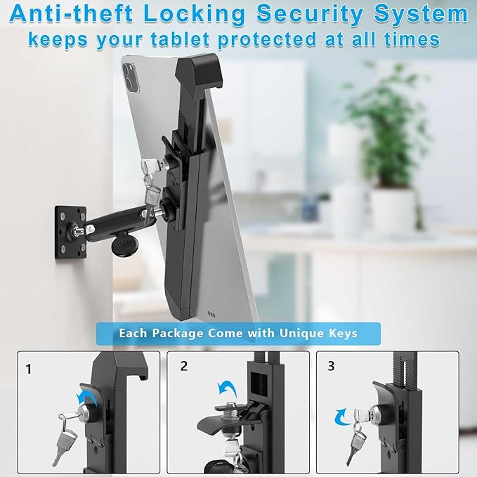 Tablet Wall Mount Lock Holder for 7-11" iPad, Metal Anti Theft Tablet Kiosk Mount with Secure Lockable for Conference Room, Desktop, Under Counter, Cabinet, Gym - Fits iPad, Galaxy Tab Series