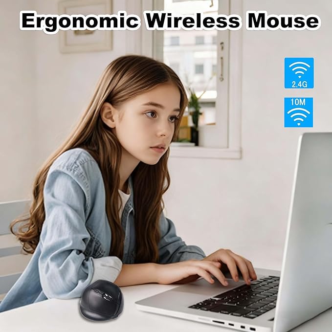 Wireless Ergonomic Bluetooth Mouse Vertical Dual Mode Rechargeable Silent Portable High Precision Optical Cordless Mice with USB Receiver for PC/Laptop/Tablet/MacBook Boy Girl,Reduce Wrist Pain（Black）