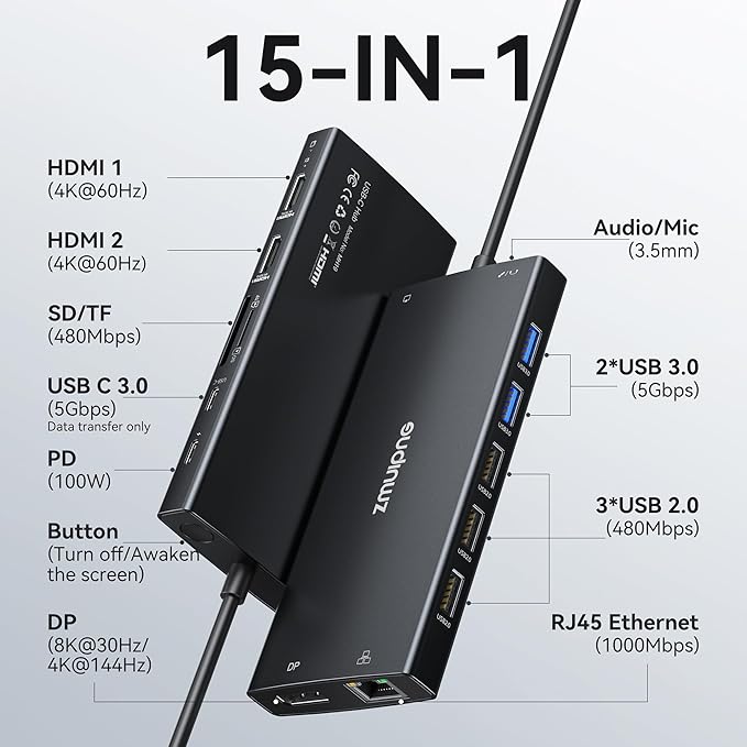 USB C Hub USB C Docking Station Dual Monitor 4K@60Hz+DP 8K@30Hz for Dell HP, Laptop Docking Station 3 Monitors 15 in 1 USBC Dongle Multiport Adapter with USB A Port+Button+PD+Ethernet+SD/TF+Audio