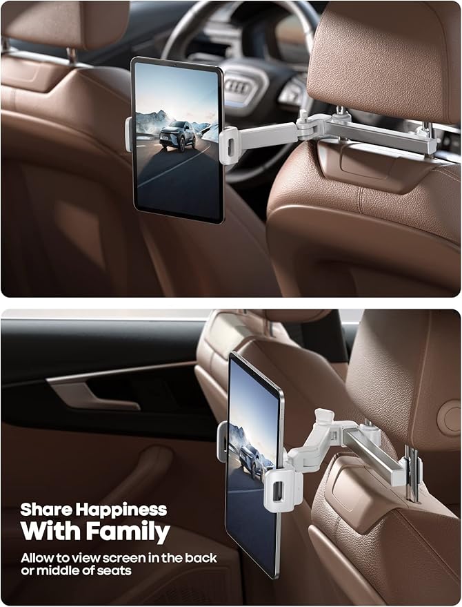 Lamicall Car Headrest Tablet Holder - [Extension Arm] Upgrade Adjustable Tablet Car Mount for Back Seat, Road Trip Essentials for Kids, for 4.7-11" Device like iPad Pro, Air, Mini, Galaxy, Fire, White