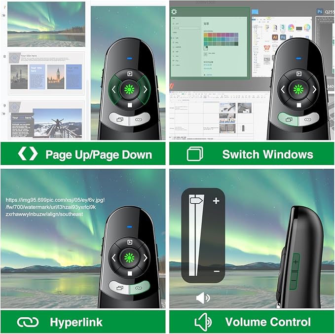 2 in 1 USB Type C Presentation Clicker with Green Laser Pointer, Wireless Presenter for PowerPoint Presentation PPT Clicker, 2.4GHz Presenter Remote Slide Advancer for MacBook/Computer