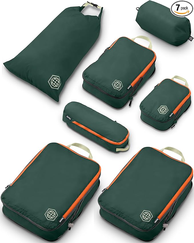 Large Compression Packing Cubes for Travel-Packing Cube Luggage Organizers 7 Piece Set for Checked Luggage-Ultralight, Expandable/Compression Bags by TRIPPED Travel Gear (Green/Orange)
