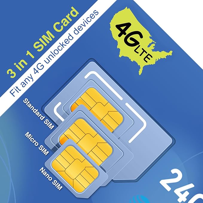Data SIM Card 24GB 365Days, 4G LTE SIM Card Support for AT&T, T-Mobile and Verizon, USA Data Card for Security Camera/Router/Mobile WiFi Hotspot, No Contract, 3-in-1 Sim Kit(Activate Needed)