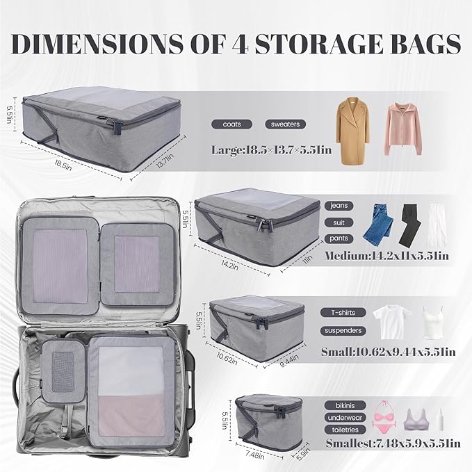Compression Packing Cubes for Travel, 4-Pack Luggage Organizer Bags with Double Zipper, Breathable Mesh & Nylon Twill, Grey Suitcase Organizers for Efficient Packing