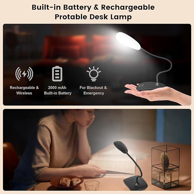 Battery Powered Desk Lamp, Portable Lamps Rechargeable 3 Color Modes Touch Control Stepless Dimming, Wireless Desk Lamp with 2000mAh, Small LED Table Light for Dorm Study Office Bedroom,Black