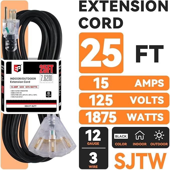EP 25 Ft 12 Gauge Heavy Duty Extension Cord, 15A 125V 1875W, 3 Outlet Indoor/Outdoor Power Cord with Lighted End, 12/3 SJTW Weatherproof Black, UL Listed