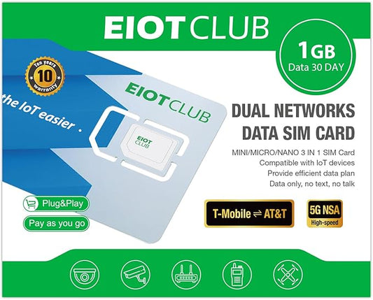 EIOTCLUB Prepaid SIM Card 1GB/30Day, 5G/4G SIM Card, Support for AT&T and T-Mobile in The USA, Data Only SIM Card for Security Camera Trail Camera Router WiFi Hotspot Unlocked Devices, No Contract
