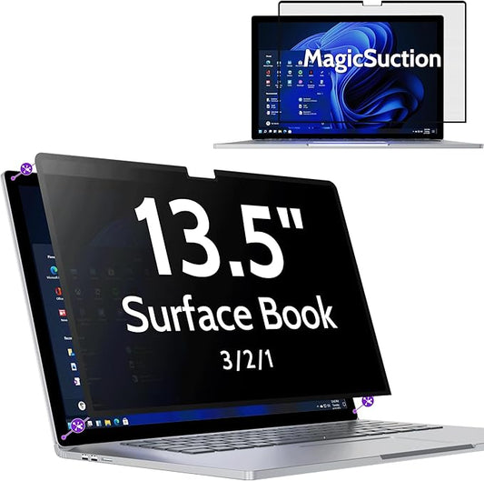 Privacy Screen for 13.5 Inch Surface Book 3/2/1, MagicSuction™ Removable Anti Spy Black Protector, Glare Blue Light Filter for Microsoft Laptop Computer Monitor