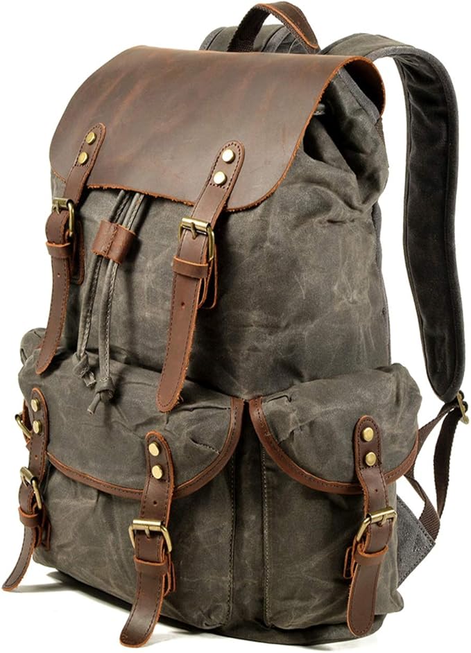 WUDON Leather Backpack for Men, Waxed Canvas Shoulder Rucksack Carry-On Travel Backpack