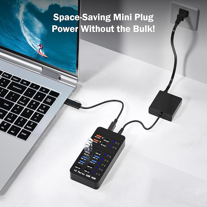 Powered USB Hub, 14 Ports USB Splitter Hub (10 Faster Data Transfer Ports+ 4 Smart USB Charging Port) USB Hub with LED Individual On/Off Switches for PC, Laptop, Desktop