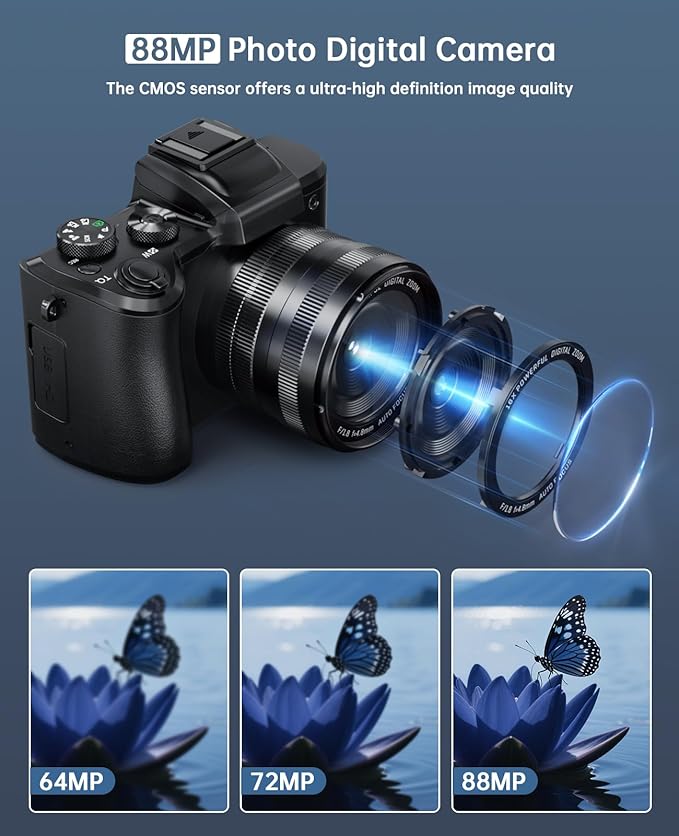 8K Digital Cameras for Photography - Autofocus 88MP WiFi Profession Camera with Dual-Lens - 16X Digital Zoom Photography Camera for YouTube with Lens Hood, Touch Screen, 2 Batteries & Charging Stand