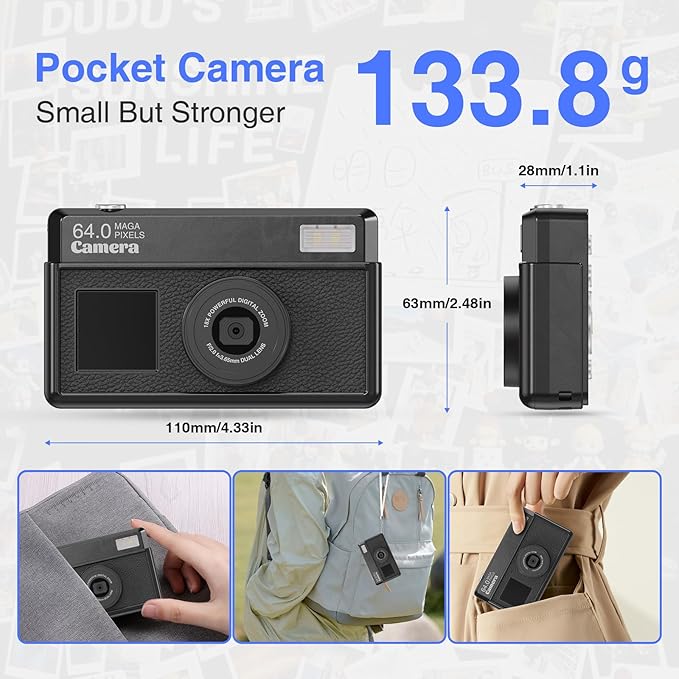4K Digital Camera, 64MP FHD Autofocus Compact Camera with 32G SD Card with 2.8" Large Screen, 18X Digital Zoom, Portable Mini Camera for Photography, Suitable for Kids,Adult,Beginners