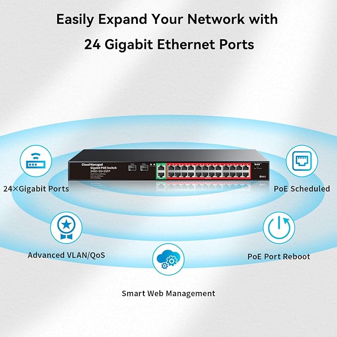 STEAMEMO 24-Port Managed Gigabit PoE+ Switch | 24×PoE+ Ports@360W, 2×Gigabit Uplinks, 2×SFP | VLAN, QoS, Port Mirroring | Metal Casing, Plug & Play | Overload Protection w/ Port