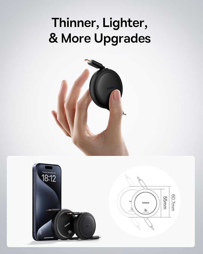 Baseus USB C Cable, 60W Mini Retractable USBC to USBC Fast Charging Cable, 4-Stage Length Preset USB Type C Charger Cord for iPhone 17 16 Pro Plus Pro Max, MacBook, iPad, Galaxy S24/S23