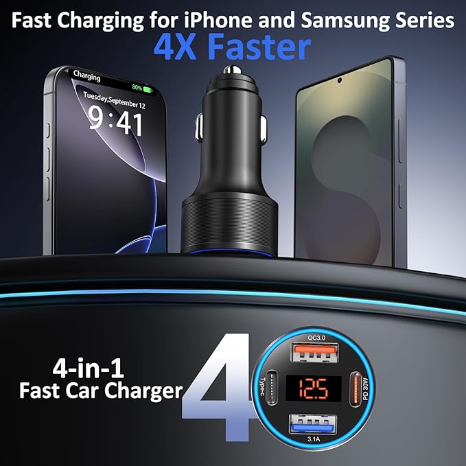 3 Pack USB C Car Charger, 4-Port 65W Dual 12V USB-A & USBC Cigarette Lighter Adapter Plug with Voltmeter PD/QC 3.0 Fast Charging Car Phone Charger for iPhone 17 16e 15 14 13 12 Pro Max, Android-Black
