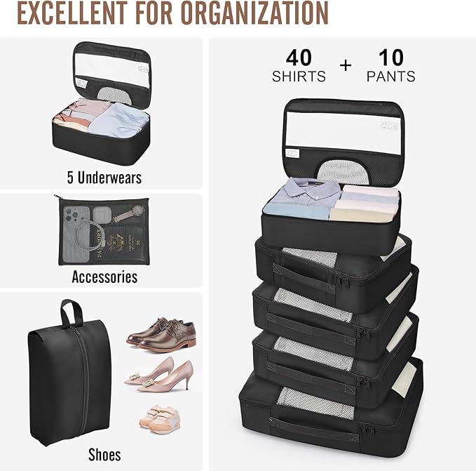 Veken 10 Set Packing Cubes for Travel Essential, Suitcase Organizer Bags in 4 Sizes, Carry-On Luggage Accessories with Large Laundry & Hanging Toiletry Bag, Must-Have for Airplane, Road Trip & Camping