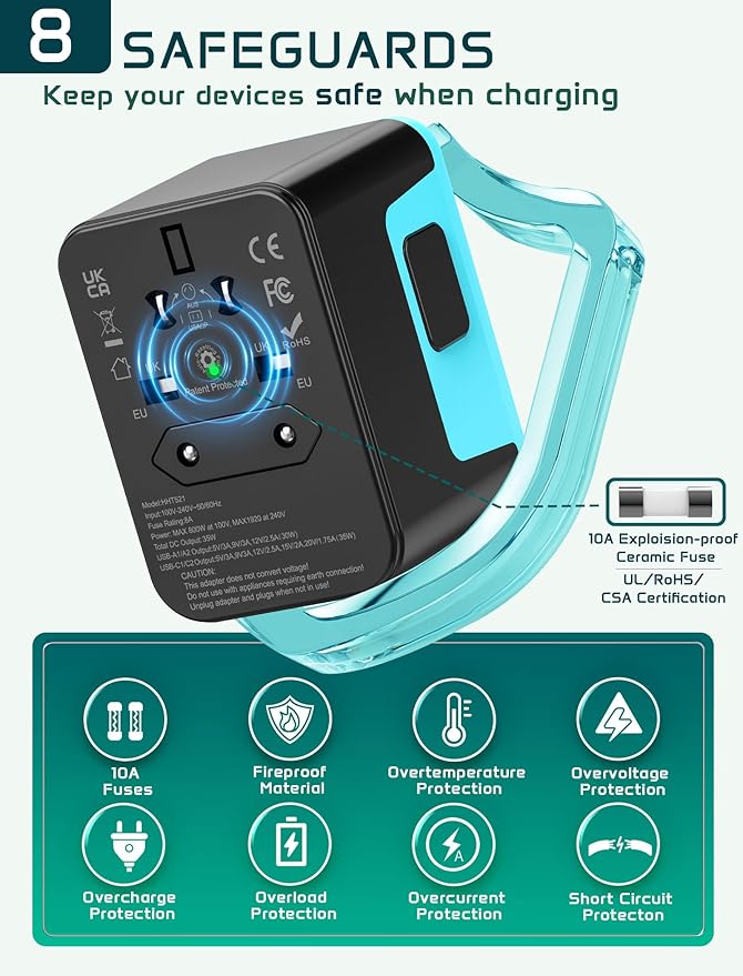 Universal Travel Adapter Worldwide PD 35W, TECSIX International Power Adapter Fast Charging with 2 USB C, 2 USB A Multi Outlets, Gan Travel Plug Adaptor for EU US UK AUS 200+ Countries