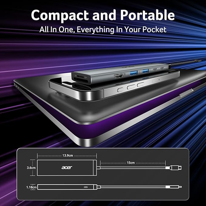 Acer 8 in 1 USB C Hub 10Gbps, USBC to HDMI Adapter 4K@60Hz, 2×USB-C 3.2, 2×USB A 3.0 Data Transfer, 100W PD Port Type C Multiport Splitter with SD/TF Card Reader, for Laptop, PC, Desktop, iPad Pro