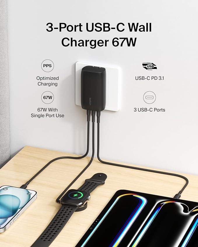 Belkin 3-Port USB C Charger Block w/PPS 67W, USB-C PD 3.1 Super Fast Charging - Samsung Galaxy S25, Apple iPhone 17, Air, Pro, Pro Max, MacBook, AirPods, Apple Watch, Nintendo Switch 2, etc. - Black