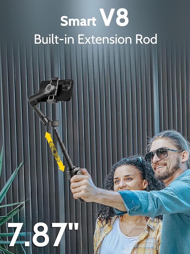 AOCHUAN 3-axis Gimbal Stabilizer w/Built-in 7.8' Extension Rod, Vlogging Phone Gimbal w/AI Tracking, Portable Smartphone Holder for iPhone w/Full-Screen OLED Display, Trigger Button Smart V8(Black)