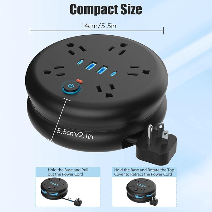 Retractable Travel Power Strip: 10 ft Extension Cord Portable Powerstrip with 5 Outlet 2 Smart USB Port 2 USB C for Travel Cruise Ship Beach Vacation