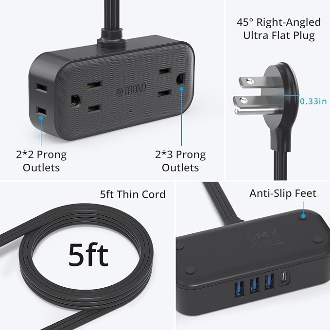 TROND Travel Power Strip with USB Ports, 5ft Flat Plug Extension Cord with Multiple Outlets, Small Wall Mount Extender Adapter for Office Dorm Room Essentials, Black