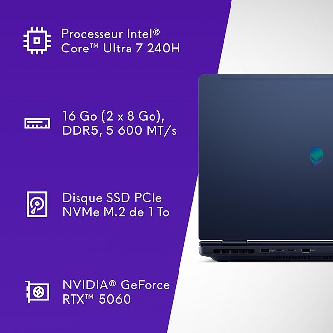 Alienware 16 Aurora Laptop AC16250-16-inch 16:10 WQXGA Display, Intel Core 7-240H Series 2, 16GB DDR5 RAM, 1TB SSD, NVIDIA GeForce RTX 5060 8GB GDDR7, Windows 11 Home, Onsite Service - Blue