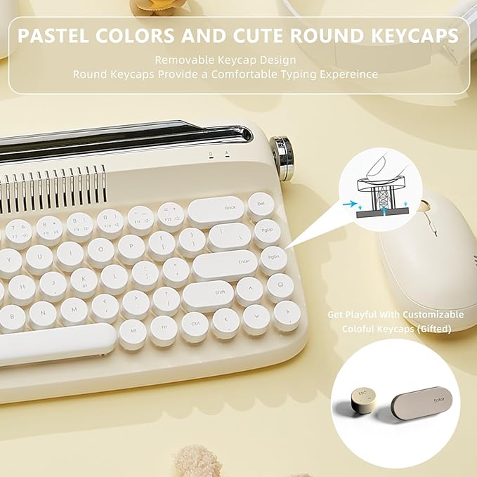 YUNZII Upgraded Wireless Typewriter Keyboard, Retro Aesthetic with Integrated Stand,Cute Round Keycaps, USB-C/Bluetooth Connection for Table, Phone, PC and Win/Mac/Android (B307, Ivory Butter)