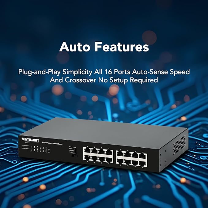 Intellinet 16 Port Gigabit Ethernet Switch – 10 / 100 / 1000 Mbps – Unmanaged,Metal Housing, Fanless Quiet, Long Distance, VLAN & Extend Mode – for Computer Desktop Networking-3 Yr Mfg Warranty–561815