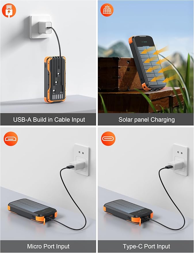 Solar Charger Power Bank, PD 20W Fast Charging External Batter, 40000mAh Portable Phone Charger Built in 4 Cables with Dual Bright Flashlights for Camping, Hiking, and Outdoor Use