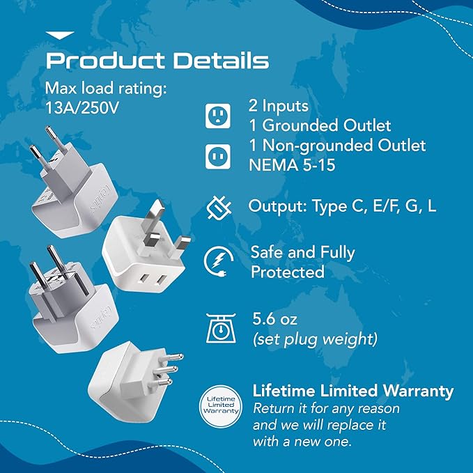 Ceptics European Plug Adapter 4 Pack Set, USA to Europe, Italy, Germany, England, Spain, Italy, Iceland, France (Type C, E/F, G, L) - for Your Cell Phones, Tablets, iPhone, Camera (CT-EU-4SET)