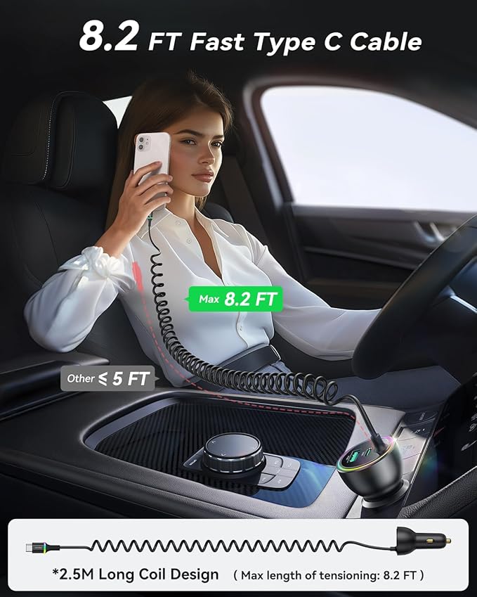 Rocoren 70W Car Charger for iPhone 17/16 Pro Max, USB C Car Charger Fast Charging with 8.2Ft Type C Coiled Cable, Super Fast Cigarette Lighter USB C Phone Adapter for iPhone 15, iPad, Samsung, Android