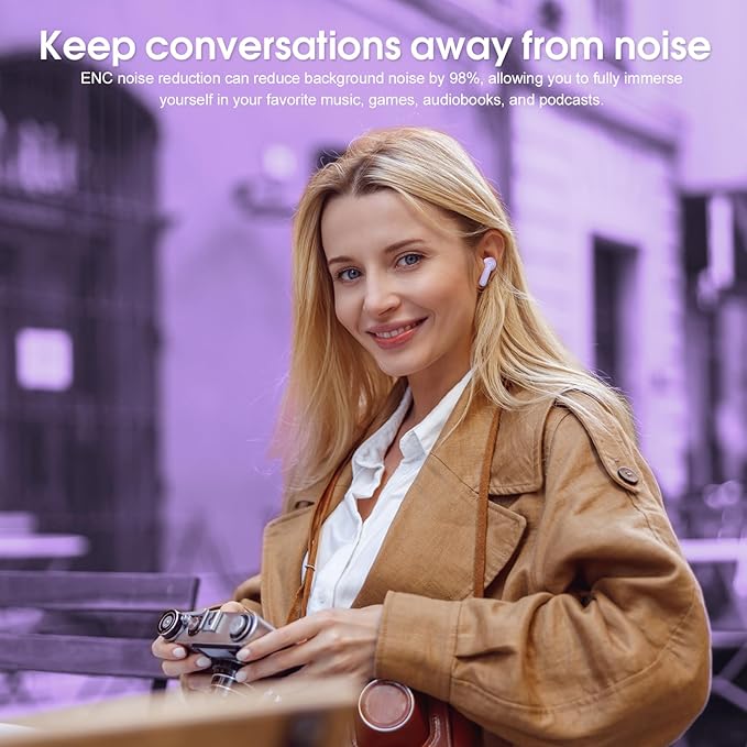 Wireless Earbuds, Bluetooth 5.4 Headphones, HiFi Stereo Bass Ear Buds, in Ear Earbuds with 4 ENC Noise Cancelling Mic, 45H, LED Display, IP7 Waterproof, Earphones for Phone Android/iOS Sports, Purple