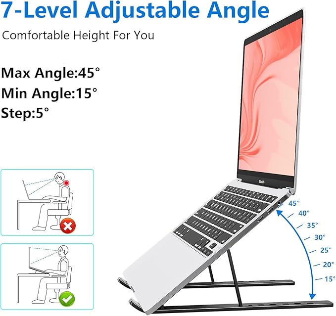 Laptop Stand for Desk, Aluminum Metal MacBook Stand, Computer Riser for Desk, Portable Foldable Adjustable Notebook Holder, Compatible with 10-15.6 Inch Laptops, iPad, Black.