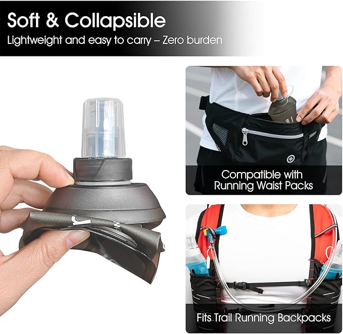 GYGYL Soft Flask, TPU Collapsible Soft Water Bottle for Hydration Pack, Running Vest, Leak-Proof Folding Water Bottle for Hiking Cycling Climbing Jogging-250ml Grey