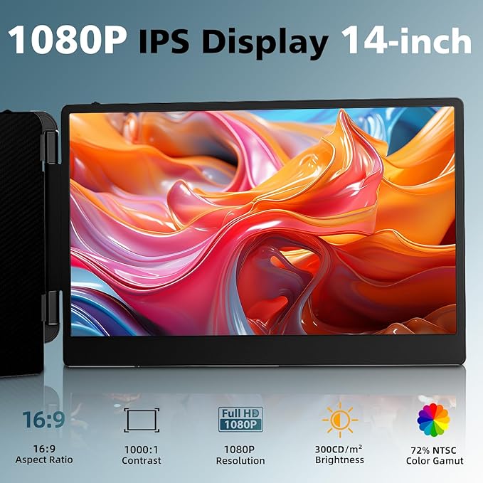 ROYY Laptop Screen Extender Triple Monitor - 14" 1080P Portable Monitor FHD Attachment Extra Screen Compatible with Windows Mac Dex Chrome Travel Work Fits 13-17" Laptops