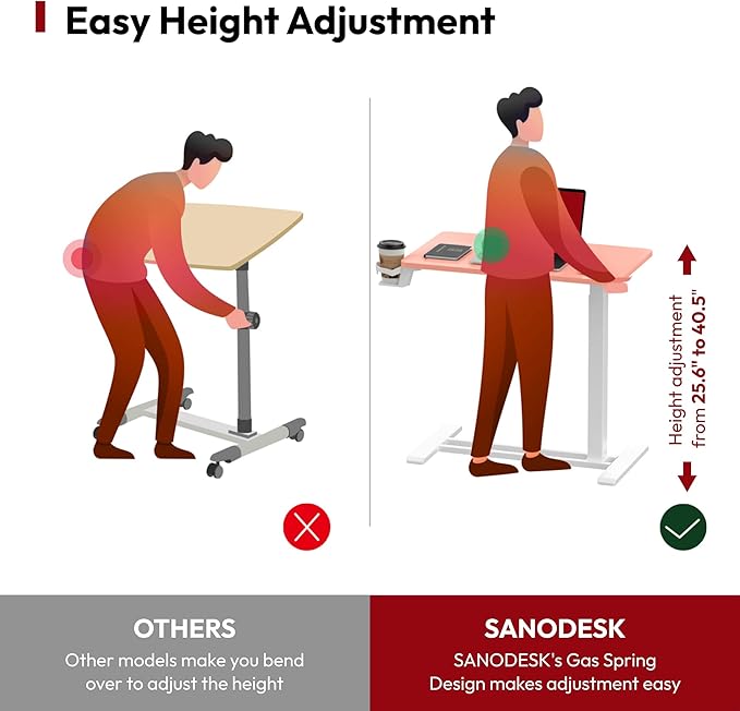 SANODESK Medical Adjustable Overbed Bedside Table with Hidden Casters, Pneumatic Mobile Laptop Computer Standing Desk Cart with Tray, Hospital and Home Use(31.5" W x 17.7" D, Pink)