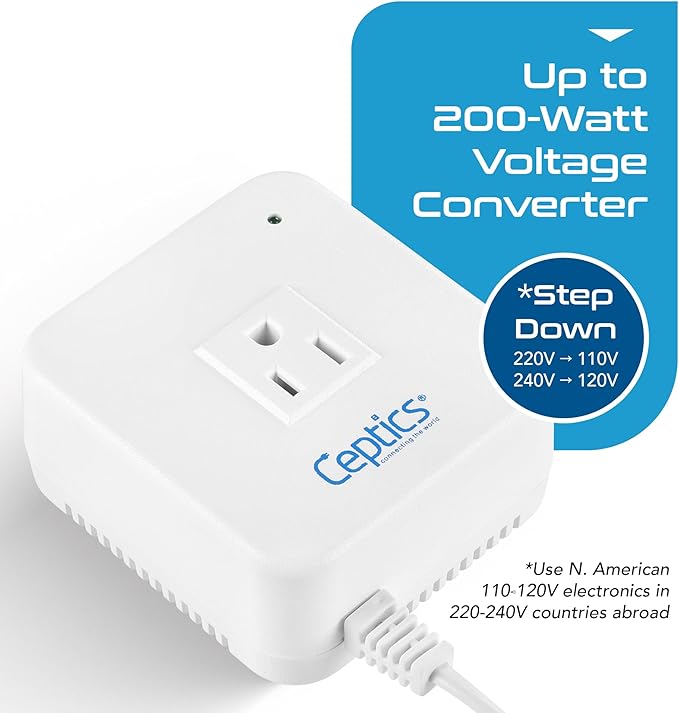 Ceptics 200 Watt Step Down Voltage Converter – Converts 220V/240V to 110V/120V – Ideal for Hair Straighteners, Laptops, and Chargers – CE Certified Travel Voltage Converter