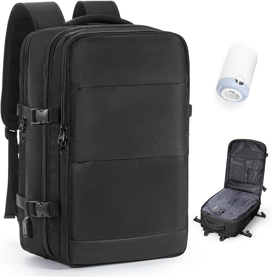 Vacuum Travel Backpack with Pump for Women, Personal Item Carry on Backpacks Flight Approved 18x14x8 inches for Men,Laptop Waterproof Work Compression bags Casual Daypack,Black.