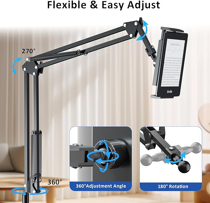Floor Stand for Kindle Reading in Bed with Remote Page Turner, Hands Free Tablet Arm Holder for Kindle Accessory, Compatible with iPhone Paperwhite eReader Tablet 4.5-12.9 inch (kt-sd2)