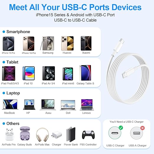USB C Cable 10 FT,Long USB C Cable 2 Pack,C to C Cable Fast Charging,for iPhone 17 16 15 Pro/Plus/Pro Max,MacBook Pro,iPad Pro Air,Samsung S24/S24 Ultra