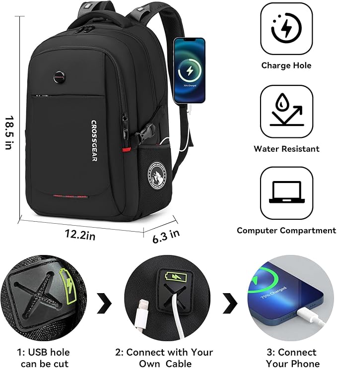 CROSSGEAR Travel Laptop Backpack Commuter Backpack Classic Backpack Water Resistant with USB Charging Hole Computer Bag Daypack for Men Women Work Daily Life,Black