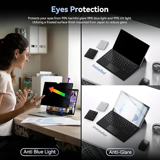 Privacy Filter Compatible with 15 Inch Surface Laptop 5/4/3/2/1, Easy On/Off Removable Anti Glare Blue Light Laptop Privacy Screen Black Security Private