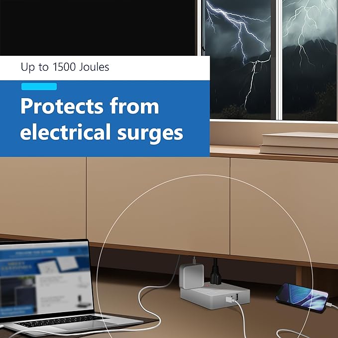 LIDER Outlet Extender with 6 Receptacles, USB-A and 2 USB-C, Ultra-Thin Flat-Plug, 6-Outlet Power Strip, Slim Angled Design, Surge Protector, 1500 Joules, 5ft Cord, UL-Listed, White, 2 Pack