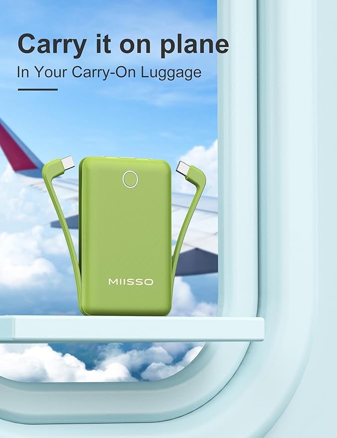 miisso 10000mAh Slim Portable Charger with Built in Cable, Power Bank Travel Charger External Battery Pack for Phone, 3 Output USB Type C Cord Clutch Charger Compatible with iPhone, Green