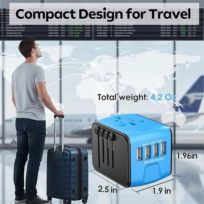 International Travel Adapter Universal Power Adapter Worldwide All in One 4 USB-A Ports Perfect for European US, EU, UK, AU 200+ Countries (Blue)